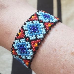 Blue & Orange Huichol Mexican Chaquira Bracelet